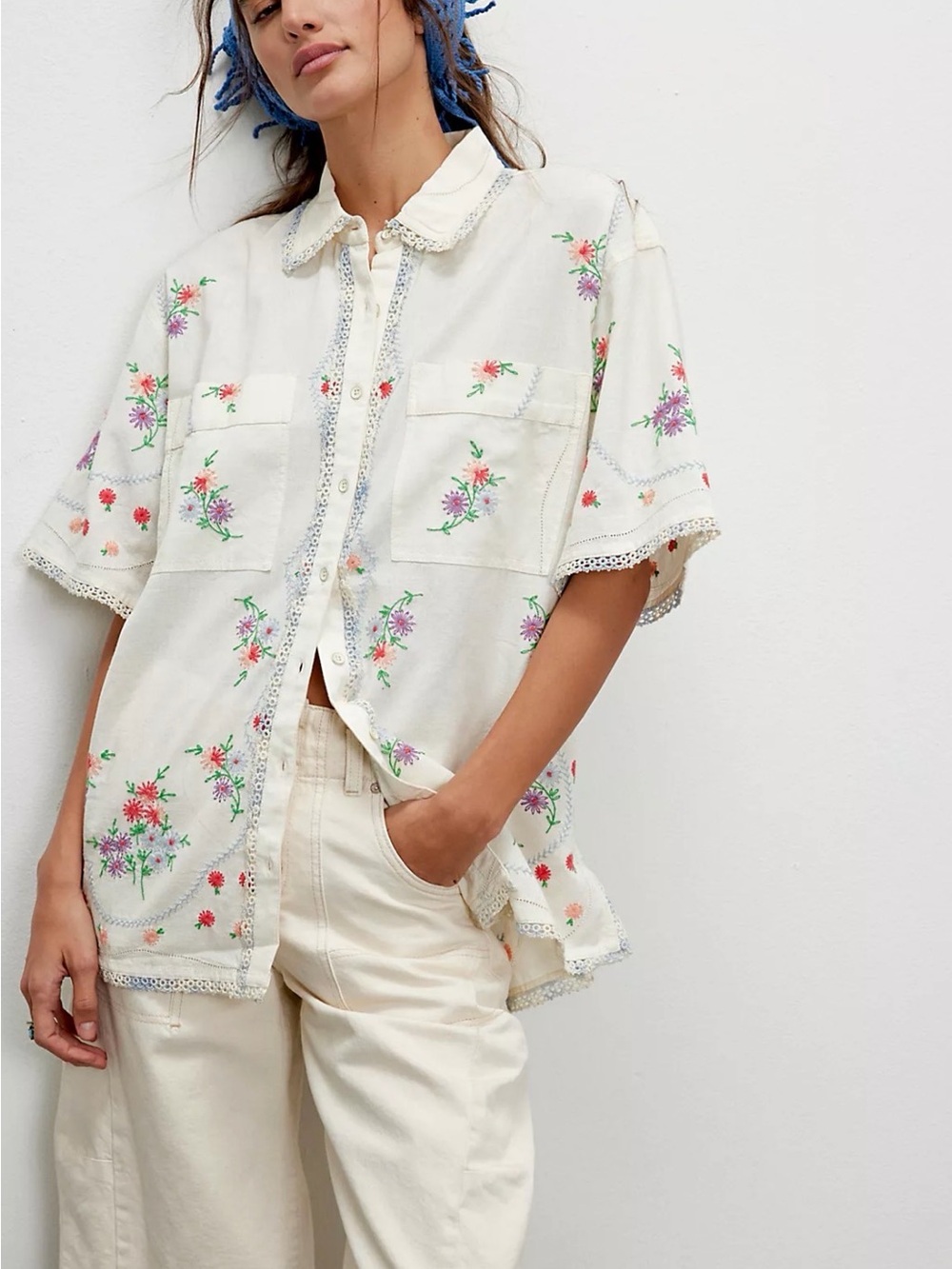 We The Free Emma Cotton Linen Embroidered Top -Free People
